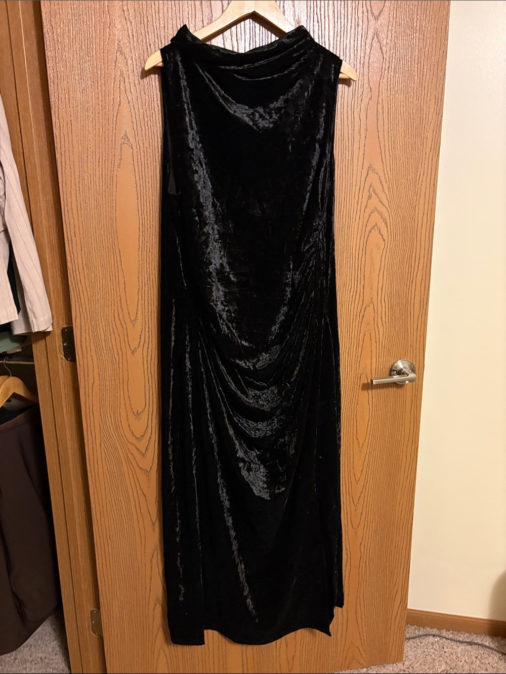 Black velvet high cowl neck dress